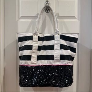 Deux Lux Black and White Striped Tote Bag with Sequins